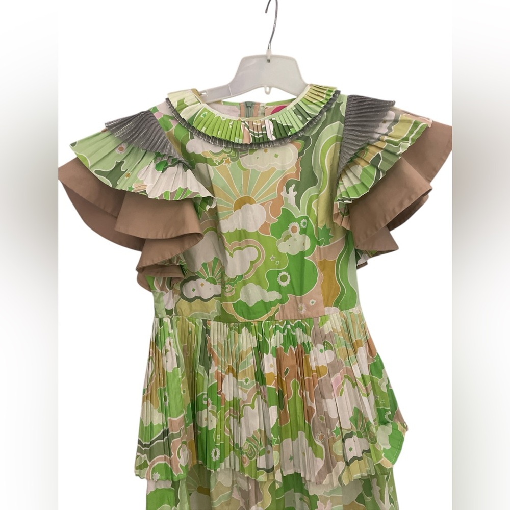 Celia B Ava Pleated Mini Dress Green silver Sun Cloud Moon Flutter Sleeve M RARE - Picture 2 of 5